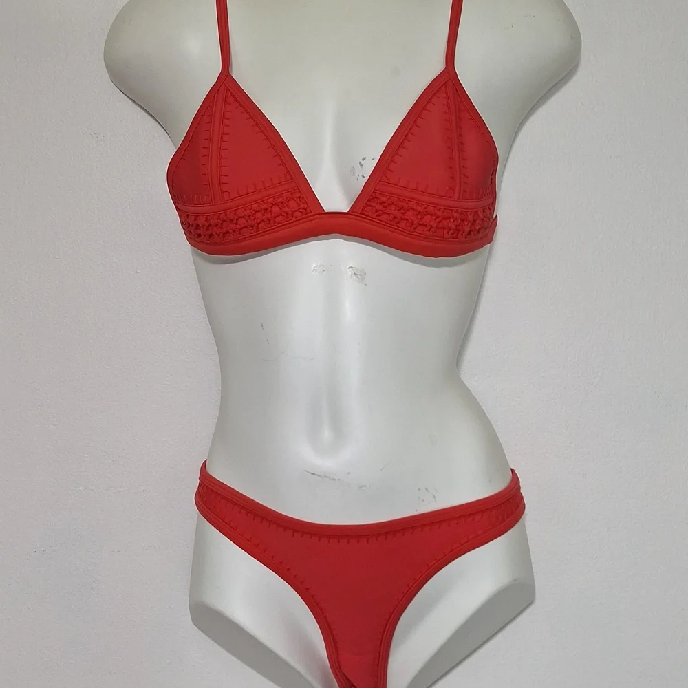 triangl swimwear Coral Red Triangle Bikini Set with Matching Neoprene Bag
